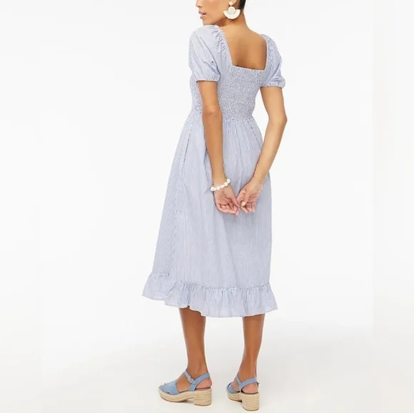 J Crew Midi Puff Sleeve White And Blue Striped Dress - Picture 2 of 11